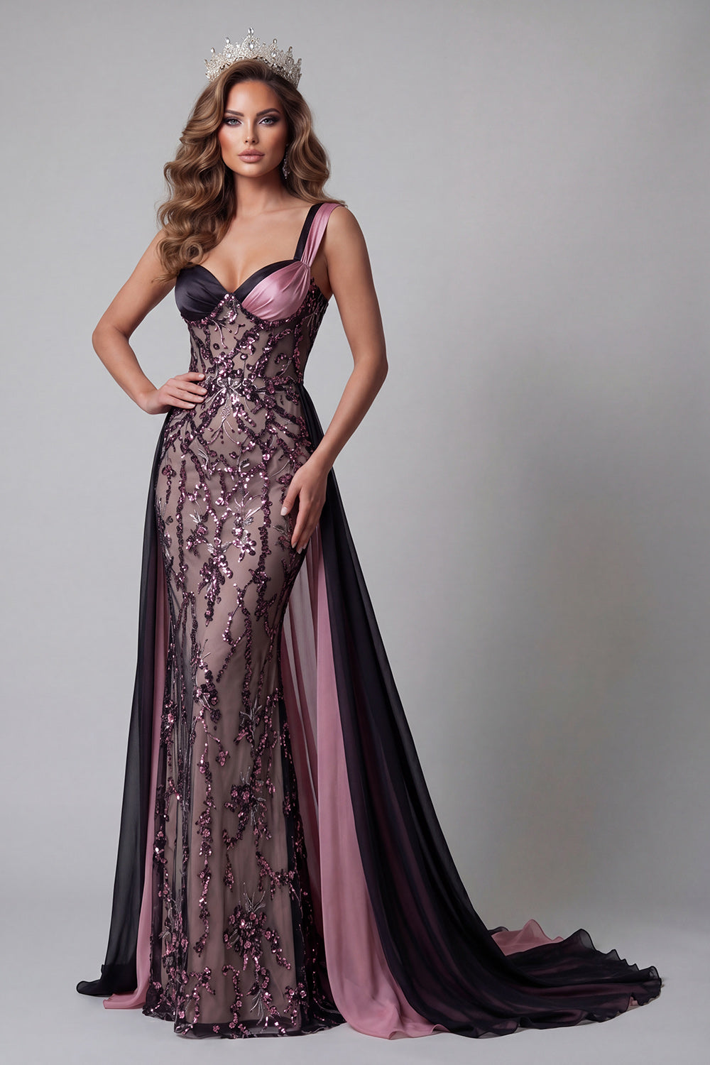 Sparkly Plum Mermaid Color Block Patchwork Long Beaded Pageant Dress with Cape