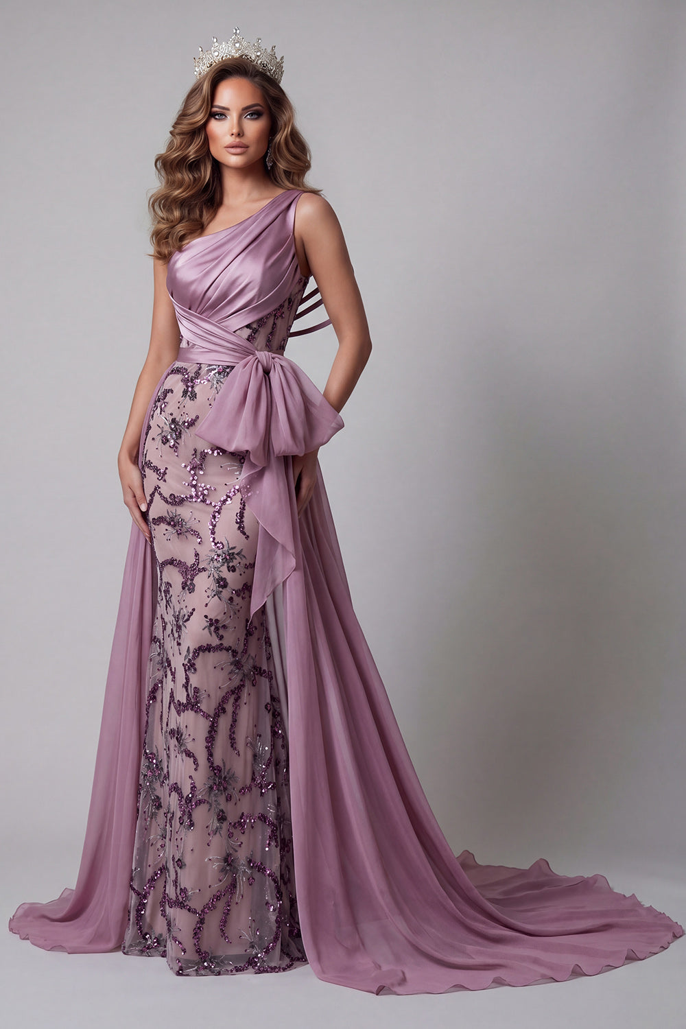 Sparkly Vintage Mauve One Shoulder Long Floral Beaded Mermaid Pageant Dress with Cape