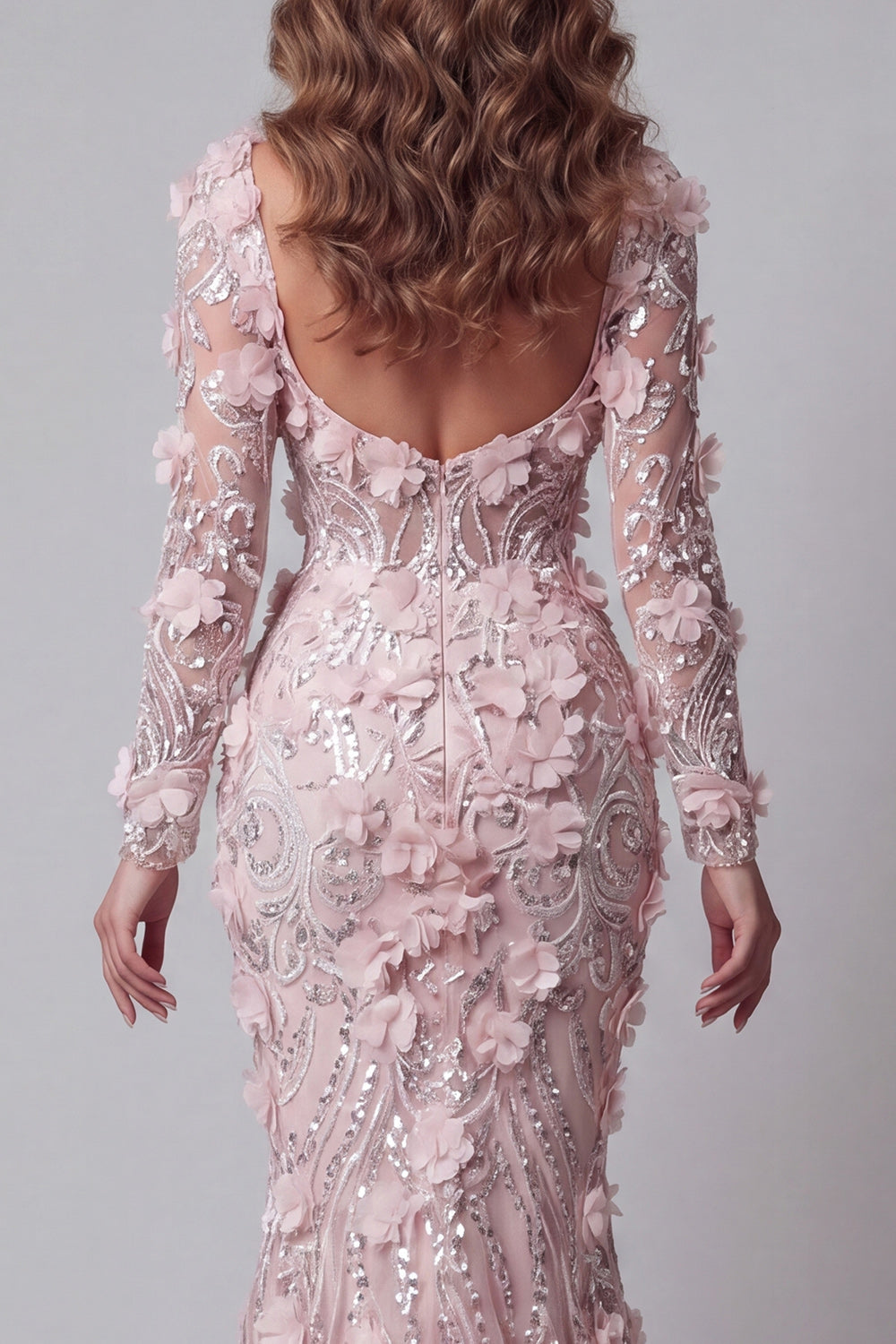 Sparkly Blush Mermaid Long Beaded Floral Pageant Dress with Sleeves