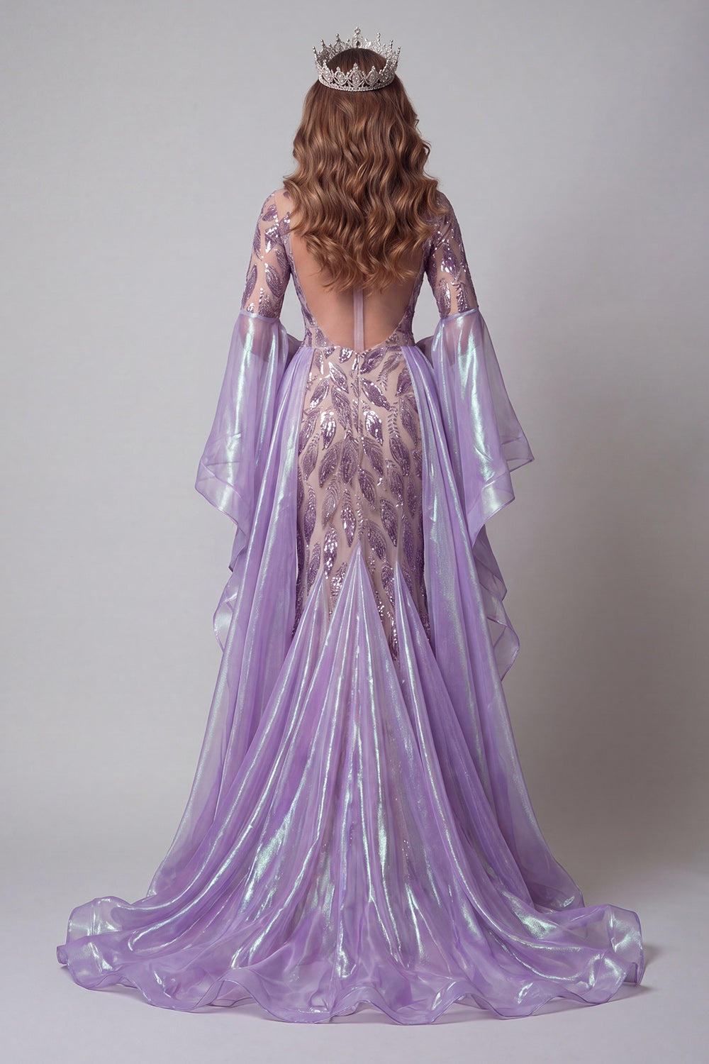Sparkly Lavender Flare Sleeves Mermaid Long Beaded Pageant Dress