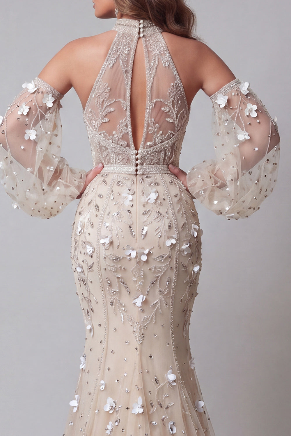 Sparkly Apricot Long Sleeves High Neck Mermaid Beaded Floral Pageant Dress