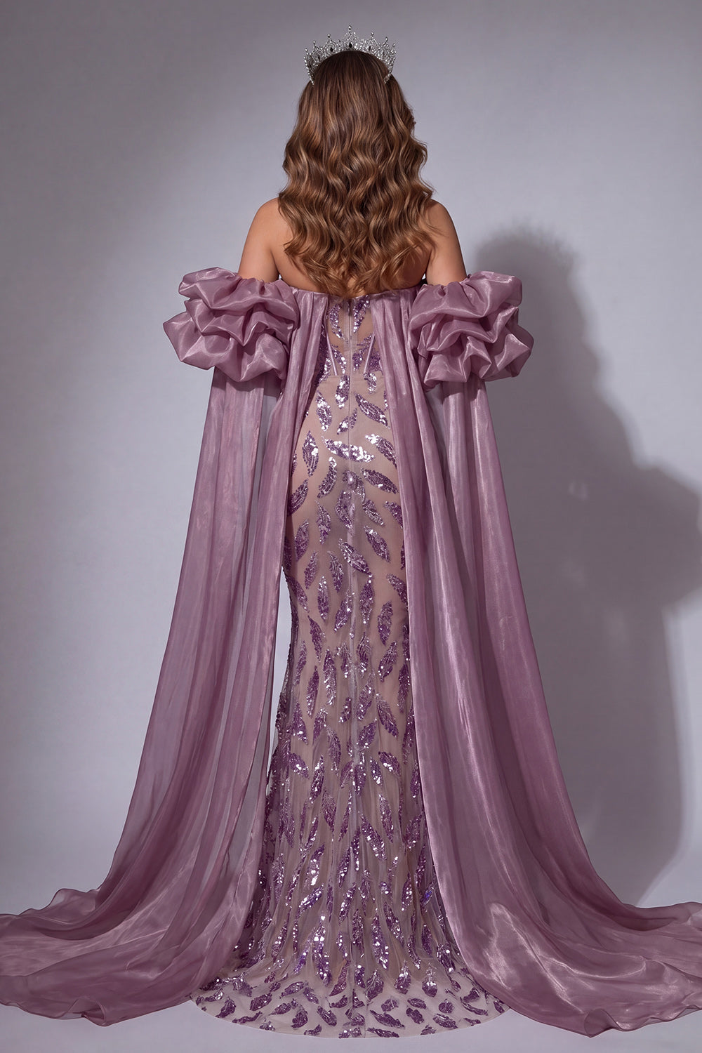 Sparkly Vintage Mauve Corset Mermaid Long Beaded Ruffled Pageant Dress with Cape