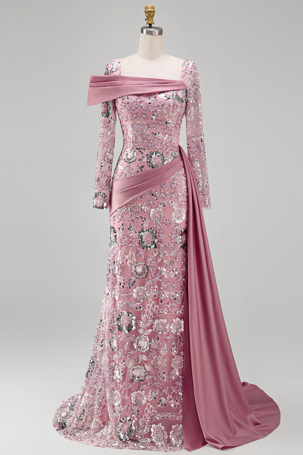 Sparkly Pink Long Sleeves Mermaid Beaded Floral Pageant Dress with Side Cape