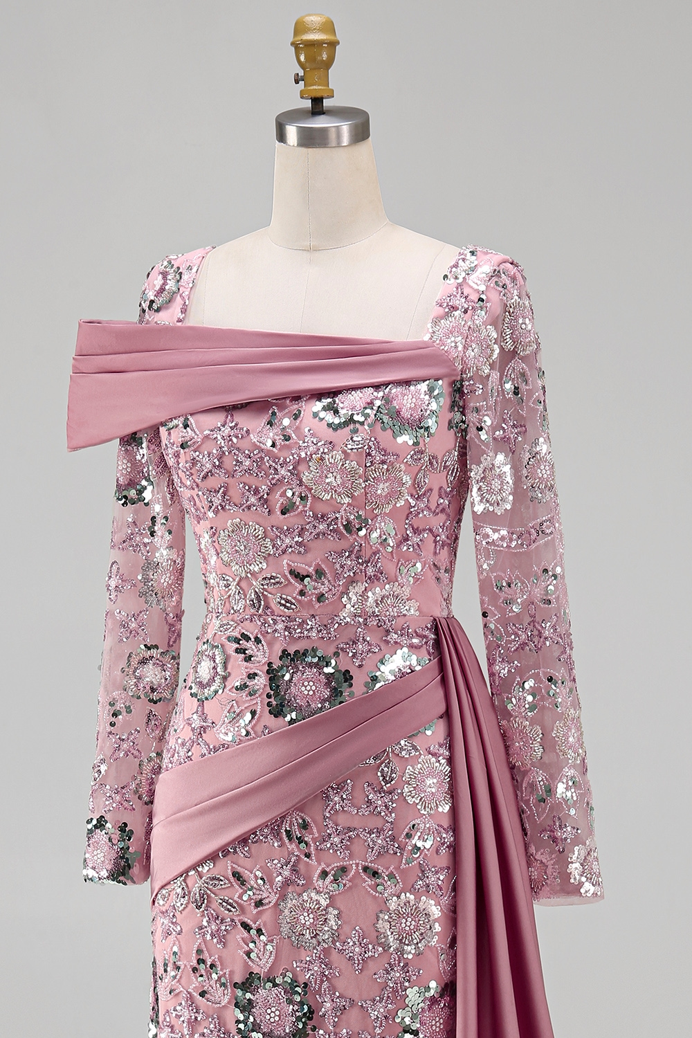 Sparkly Pink Long Sleeves Mermaid Beaded Floral Pageant Dress with Side Cape