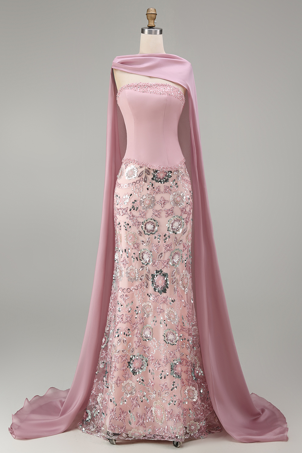 Sparkly Pink Strapless Basque Waist Mermaid Long Beaded Floral Pageant Dress with Cape