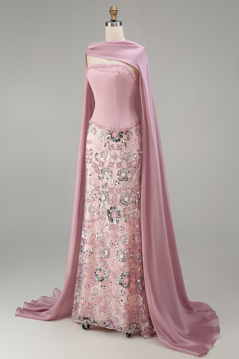Sparkly Pink Strapless Basque Waist Mermaid Long Beaded Floral Pageant Dress with Cape