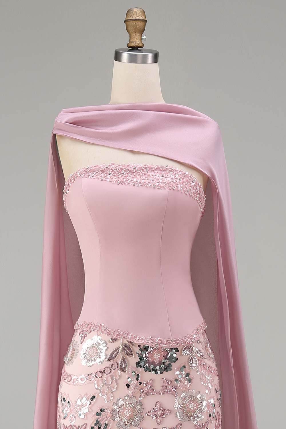 Sparkly Pink Strapless Basque Waist Mermaid Long Beaded Floral Pageant Dress with Cape