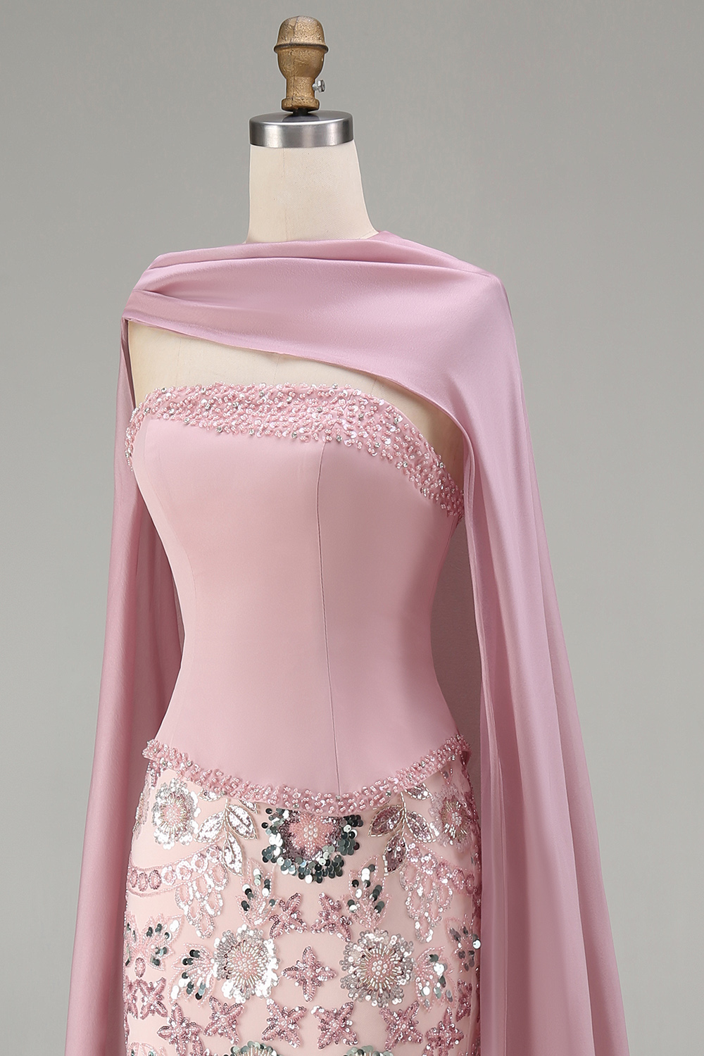 Sparkly Pink Strapless Basque Waist Mermaid Long Beaded Floral Pageant Dress with Cape