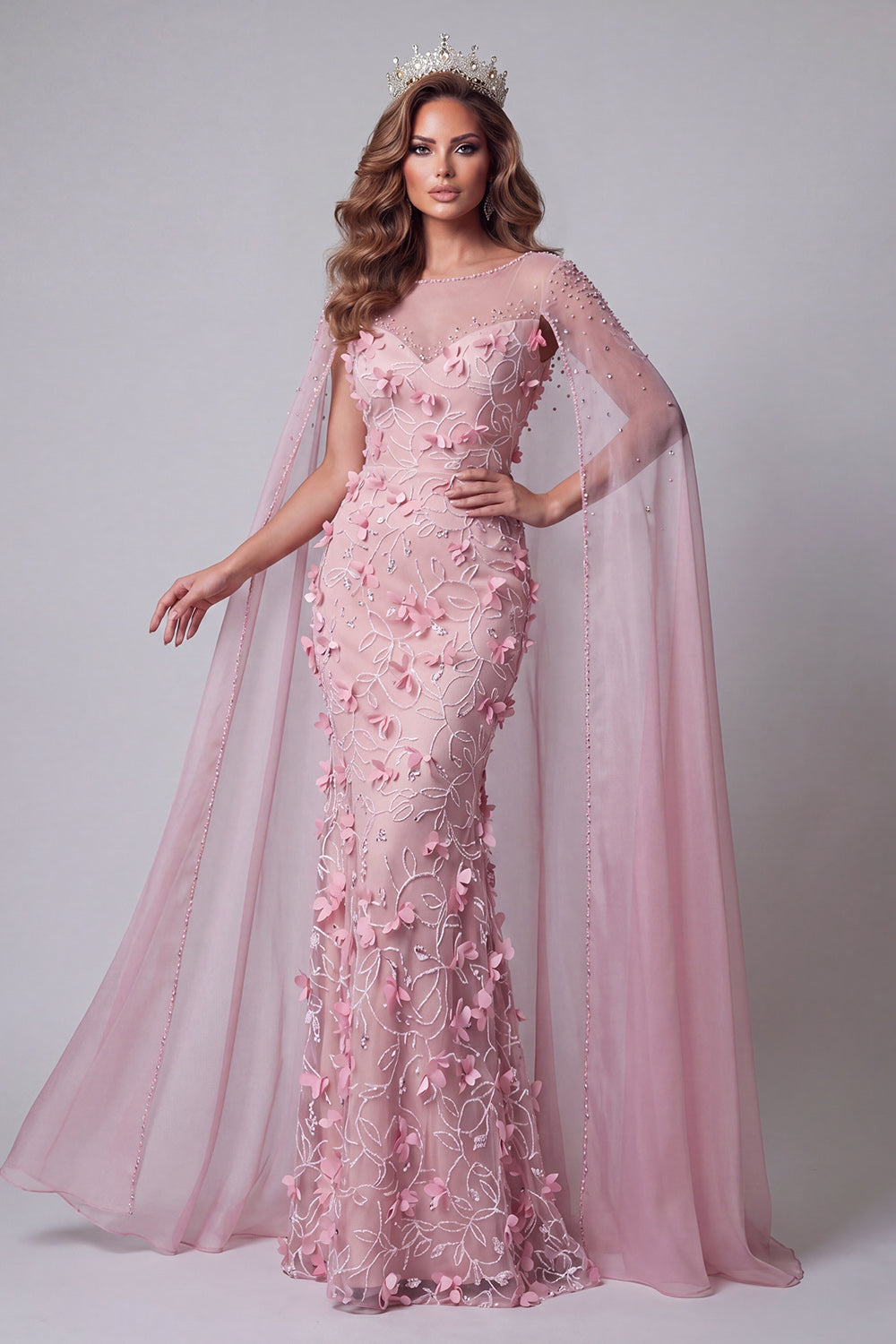 Sparkly Pink Mermaid Boat Neck Floral Beaded Long Pageant Dress with Cape