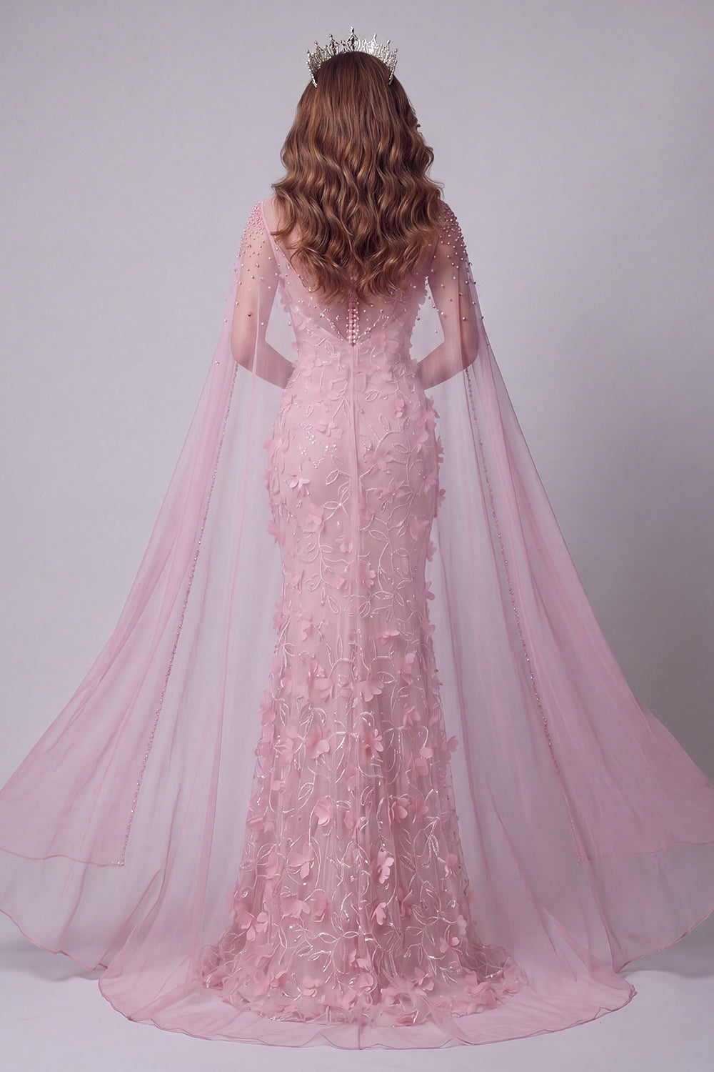 Sparkly Pink Mermaid Boat Neck Floral Beaded Long Pageant Dress with Cape