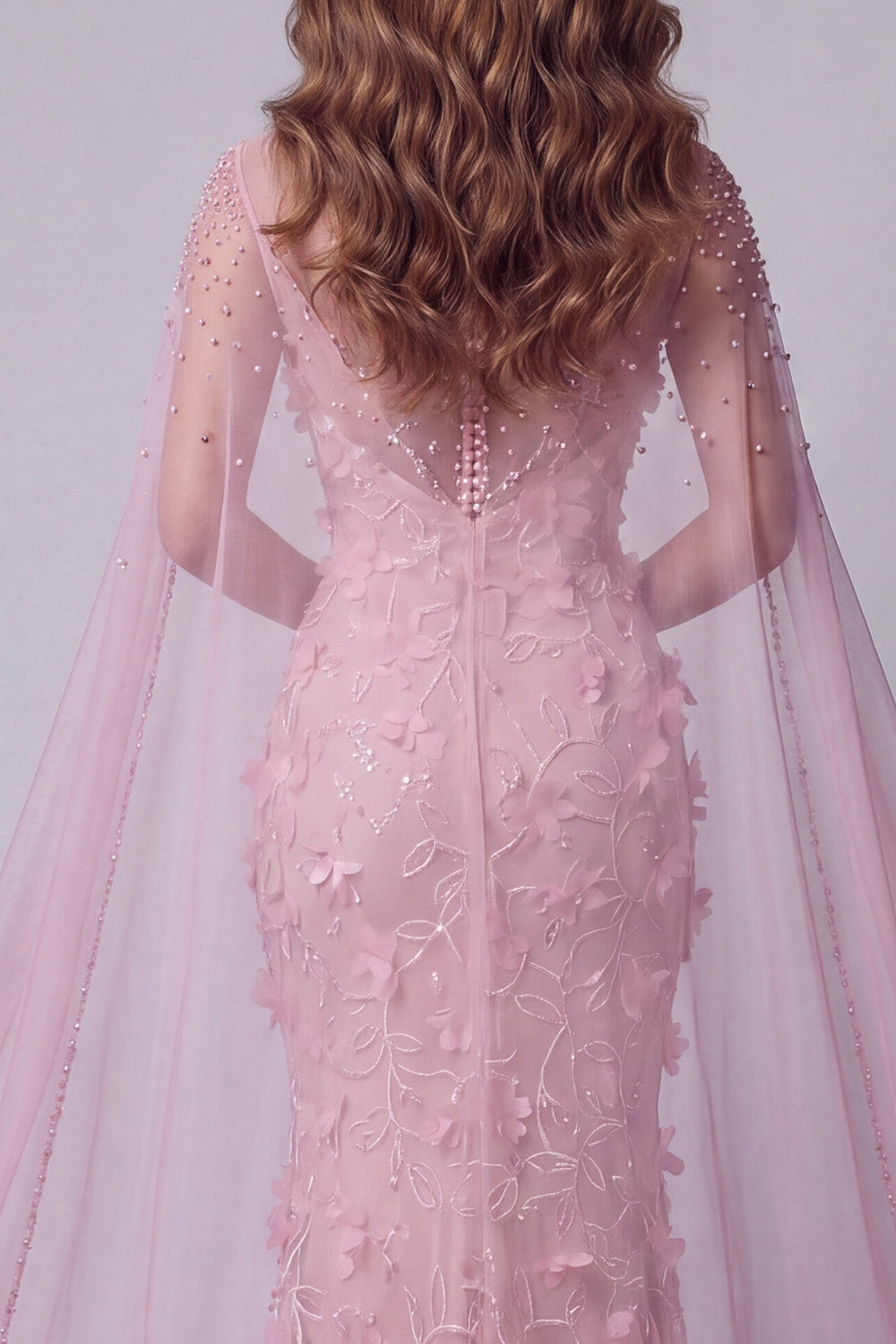 Sparkly Pink Mermaid Boat Neck Floral Beaded Long Pageant Dress with Cape