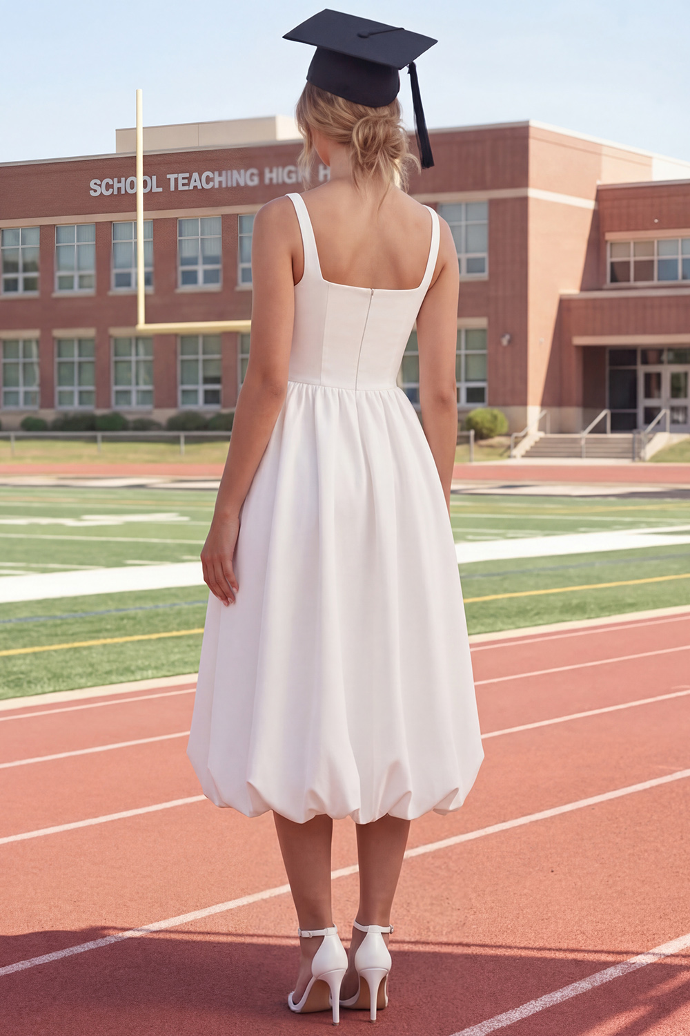 White Square Neck Long A Line Graduation Dress