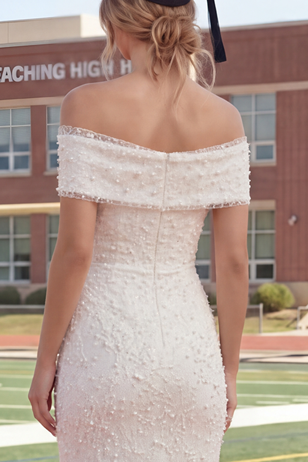 White Off the Shoulder Sheath Long Graduation Dress with Pearls