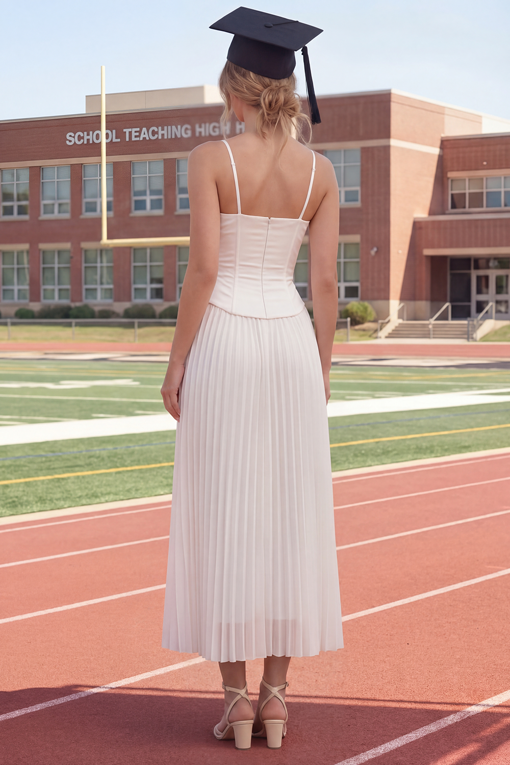 White Spaghetti Straps Midi A Line Corset Long Graduation Dress with Pleats