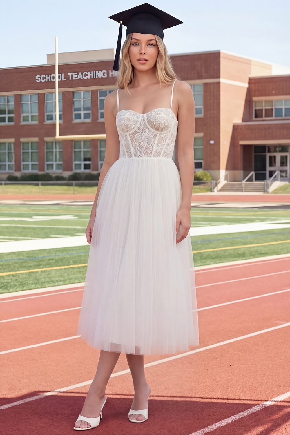 White Floral Spaghetti Straps Long A Line Corset Boho Graduation Dress with Lace