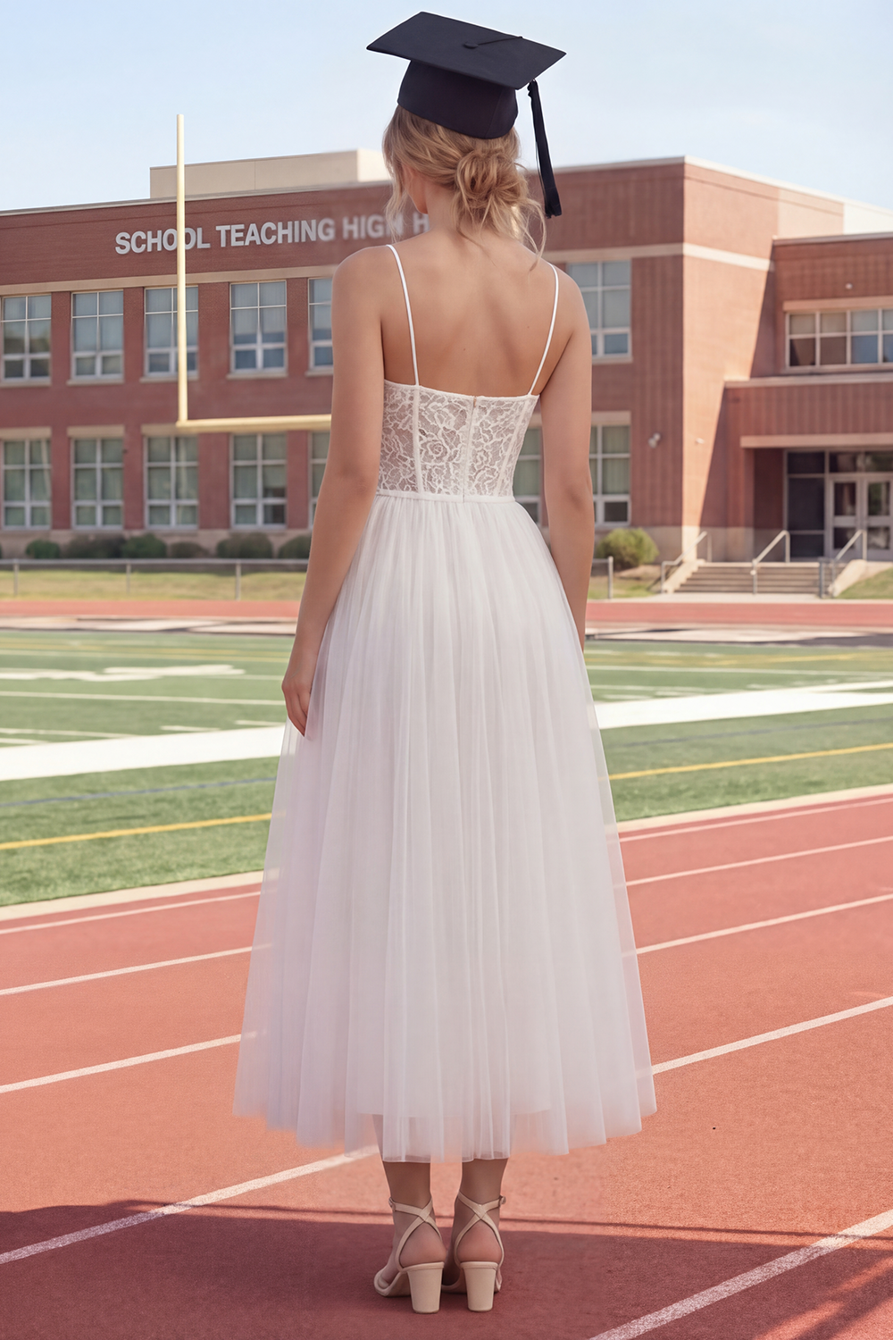 White Floral Spaghetti Straps Long A Line Corset Boho Graduation Dress with Lace