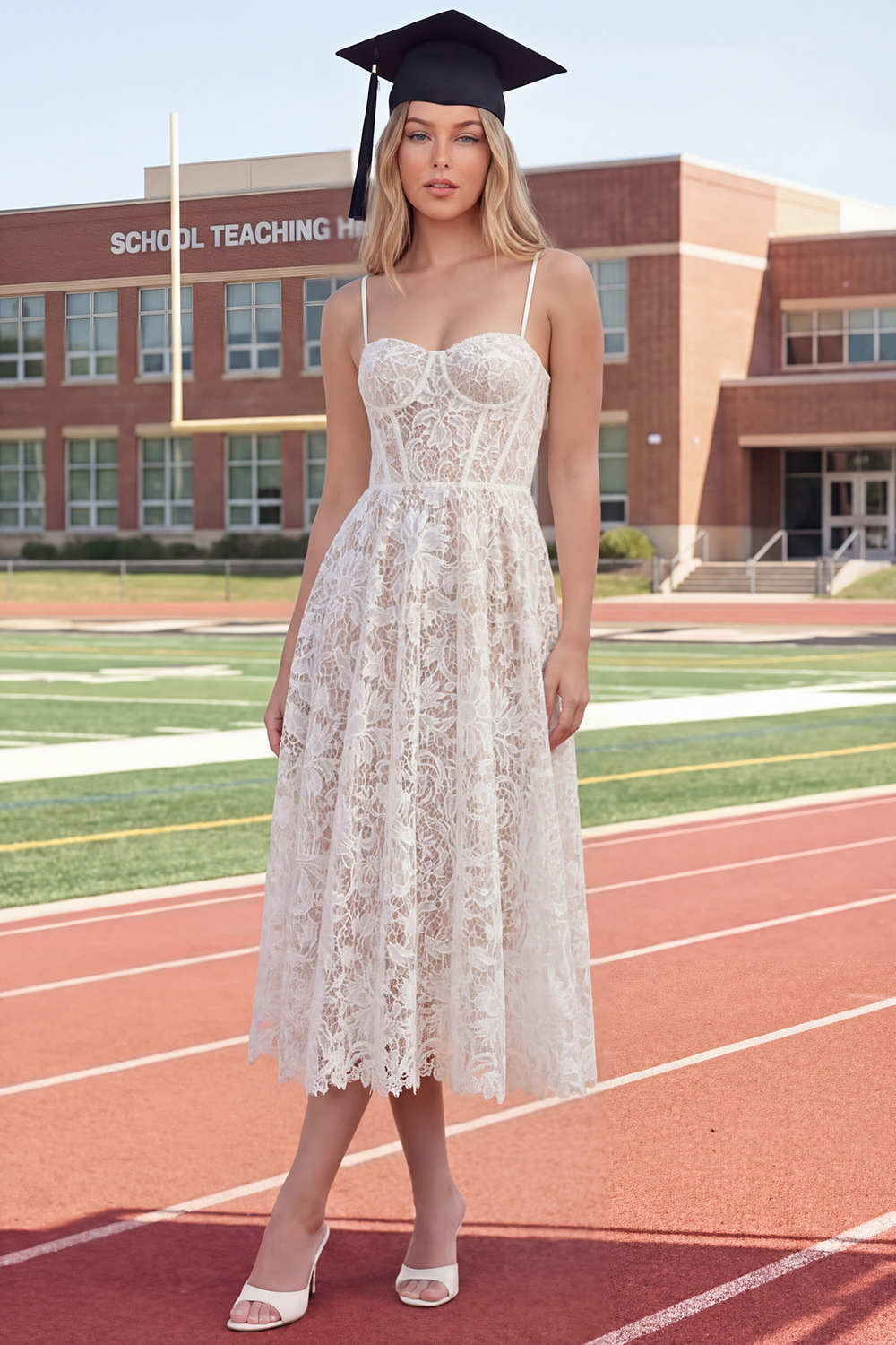 White Lace Floral Long A Line Corset Spaghetti Straps Boho Graduation Dress