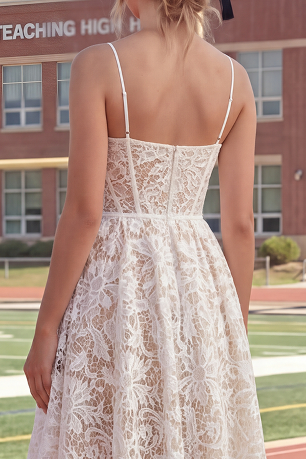 White Lace Floral Long A Line Corset Spaghetti Straps Boho Graduation Dress