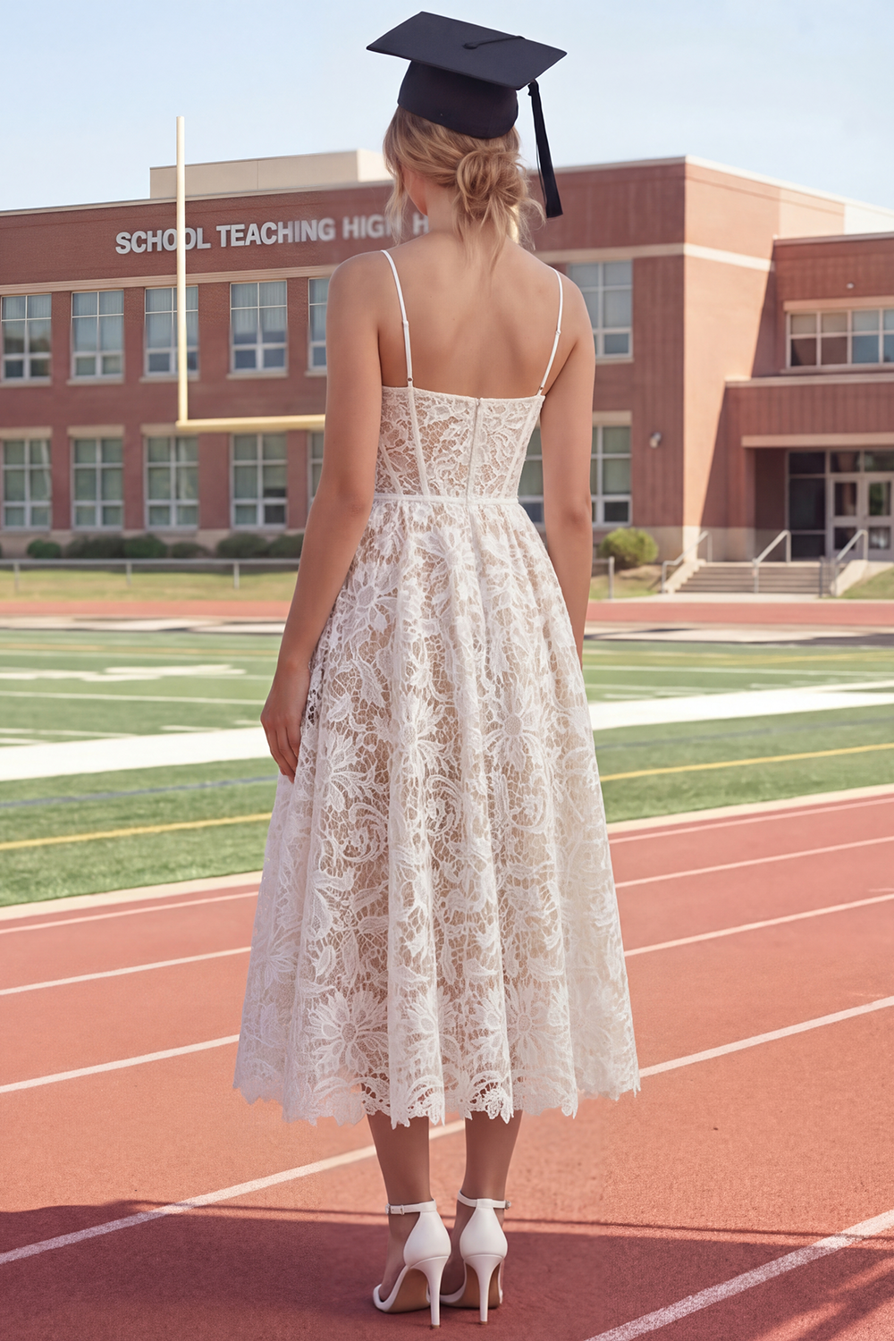 White Lace Floral Long A Line Corset Spaghetti Straps Boho Graduation Dress