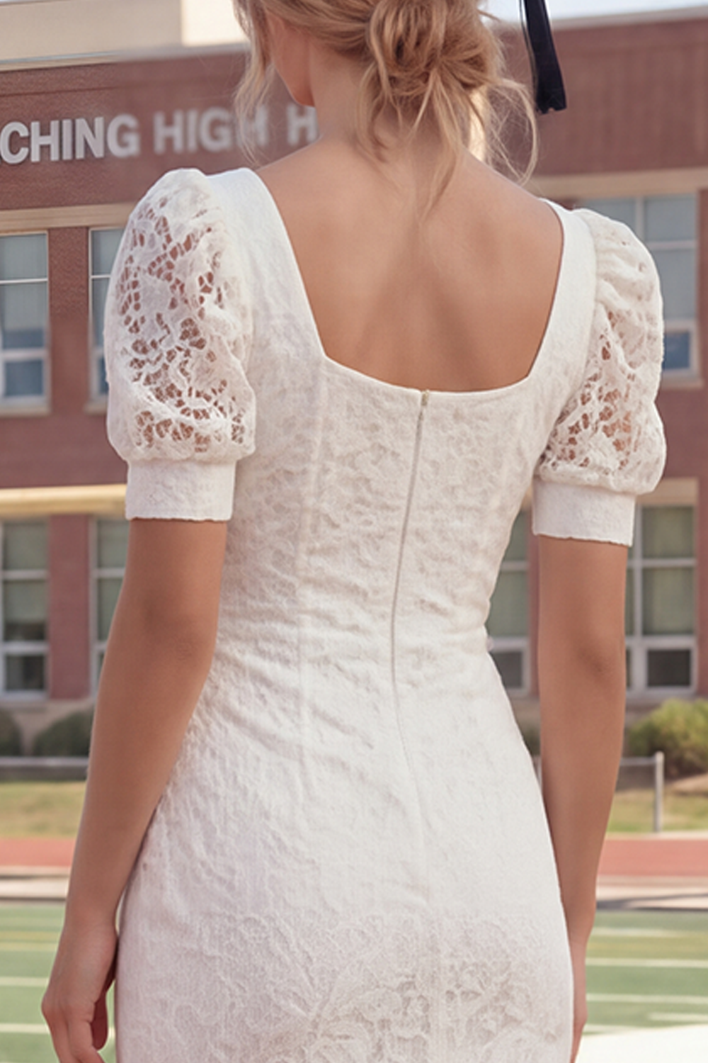 Lace Square Neck Sheath Ruched Maxi White Boho Wedding Dress with Slit