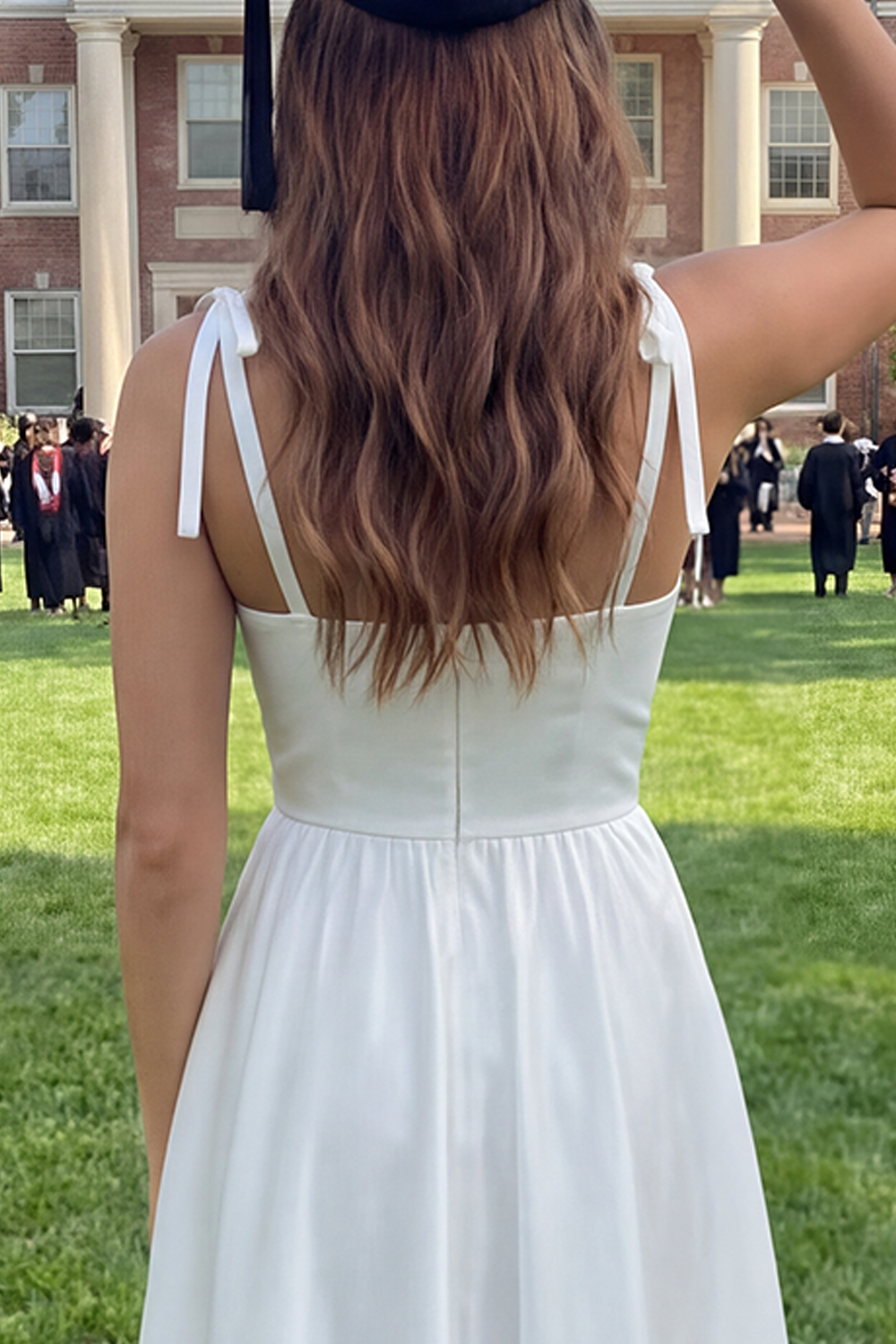 White Thick Straps Ruched Long A Line Graduation Dress