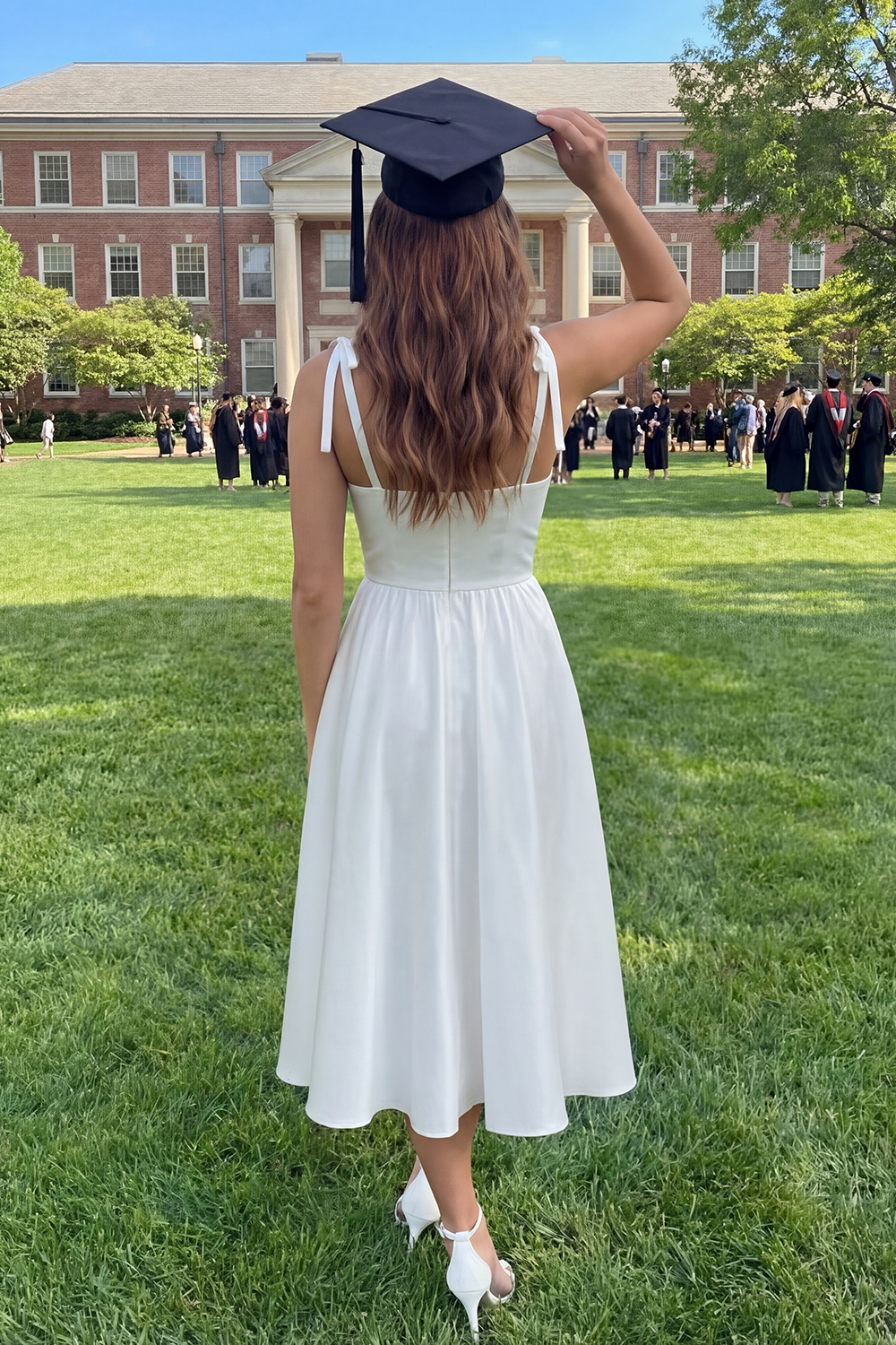 White Thick Straps Ruched Long A Line Graduation Dress