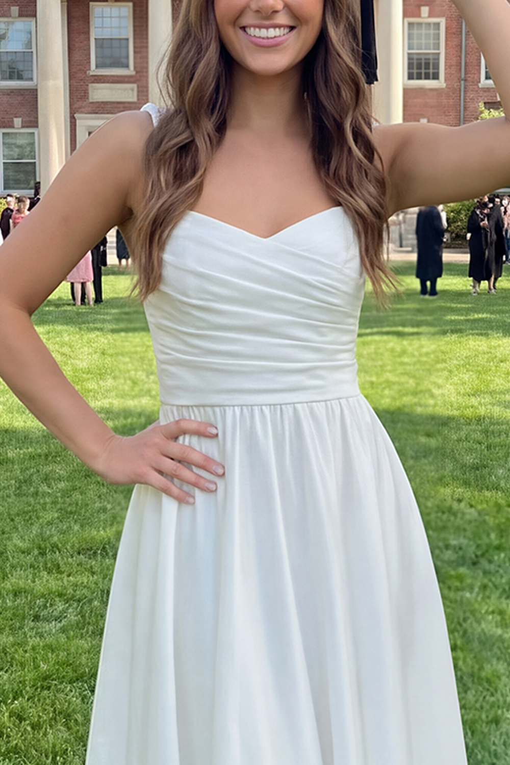 White Thick Straps Ruched Long A Line Graduation Dress