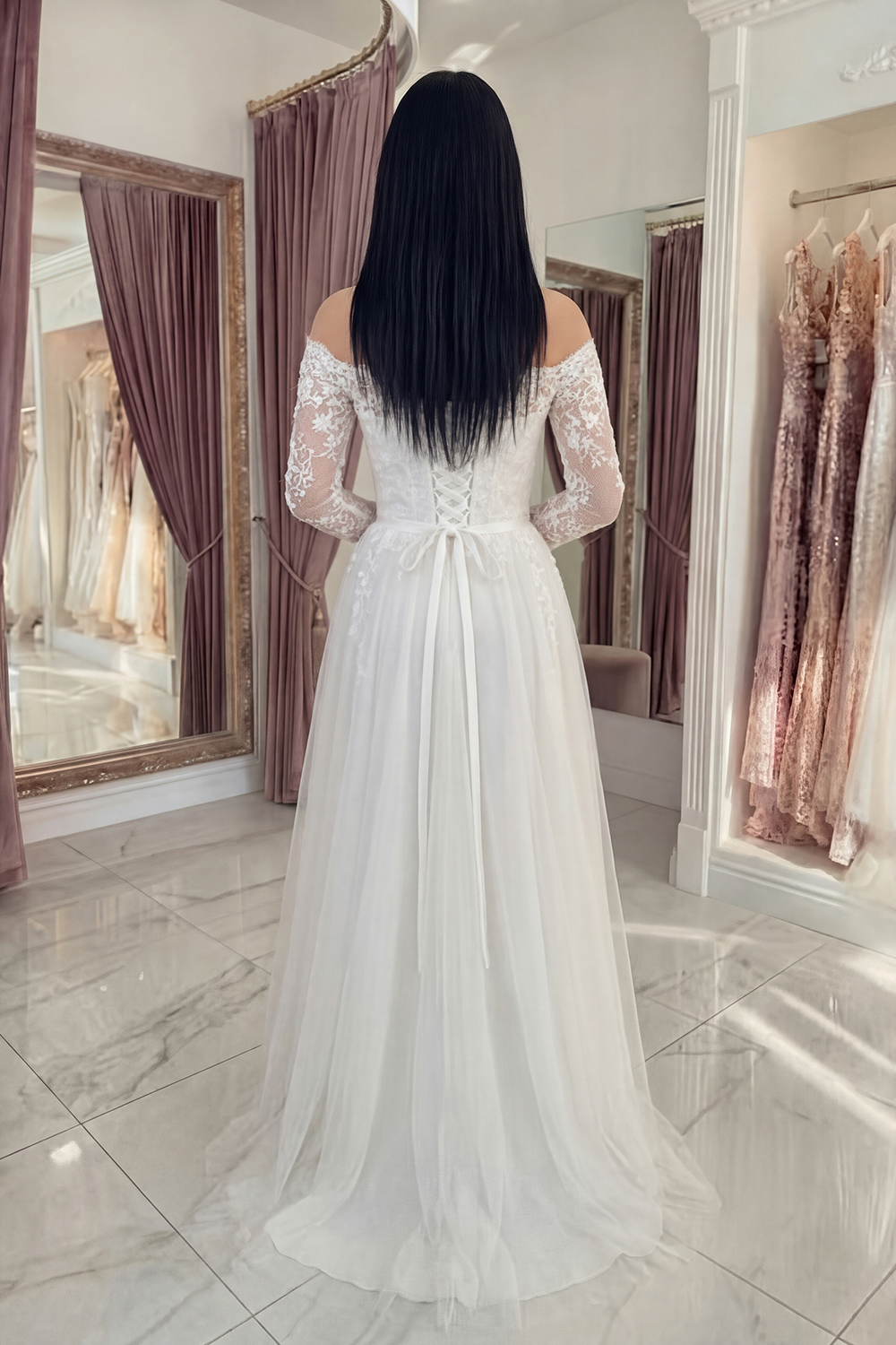 White Long Sleeves Floral Long A Line Graduation Dress with Lace