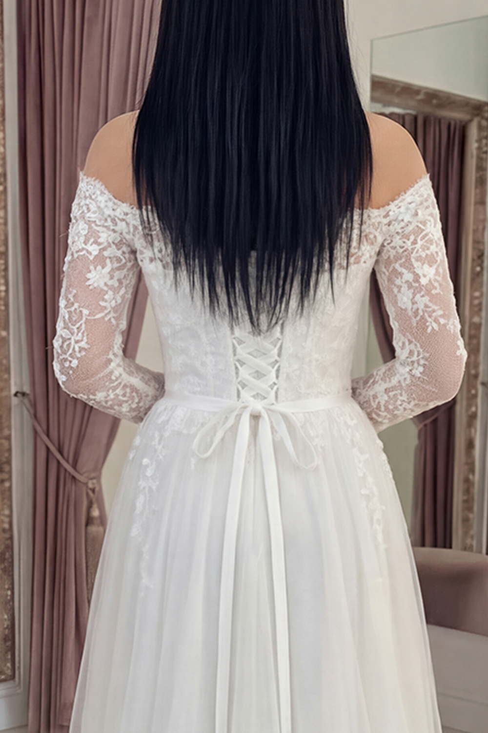 White Long Sleeves Floral Long A Line Graduation Dress with Lace