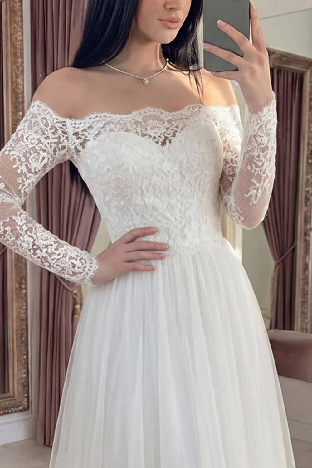 White Long Sleeves Floral Long A Line Graduation Dress with Lace