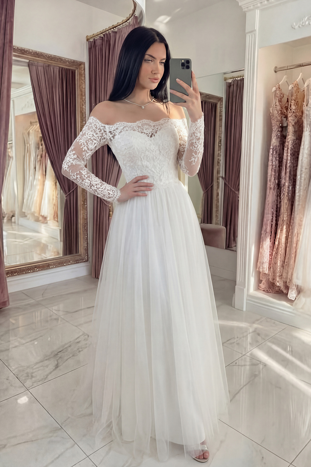 White Long Sleeves Floral Long A Line Graduation Dress with Lace