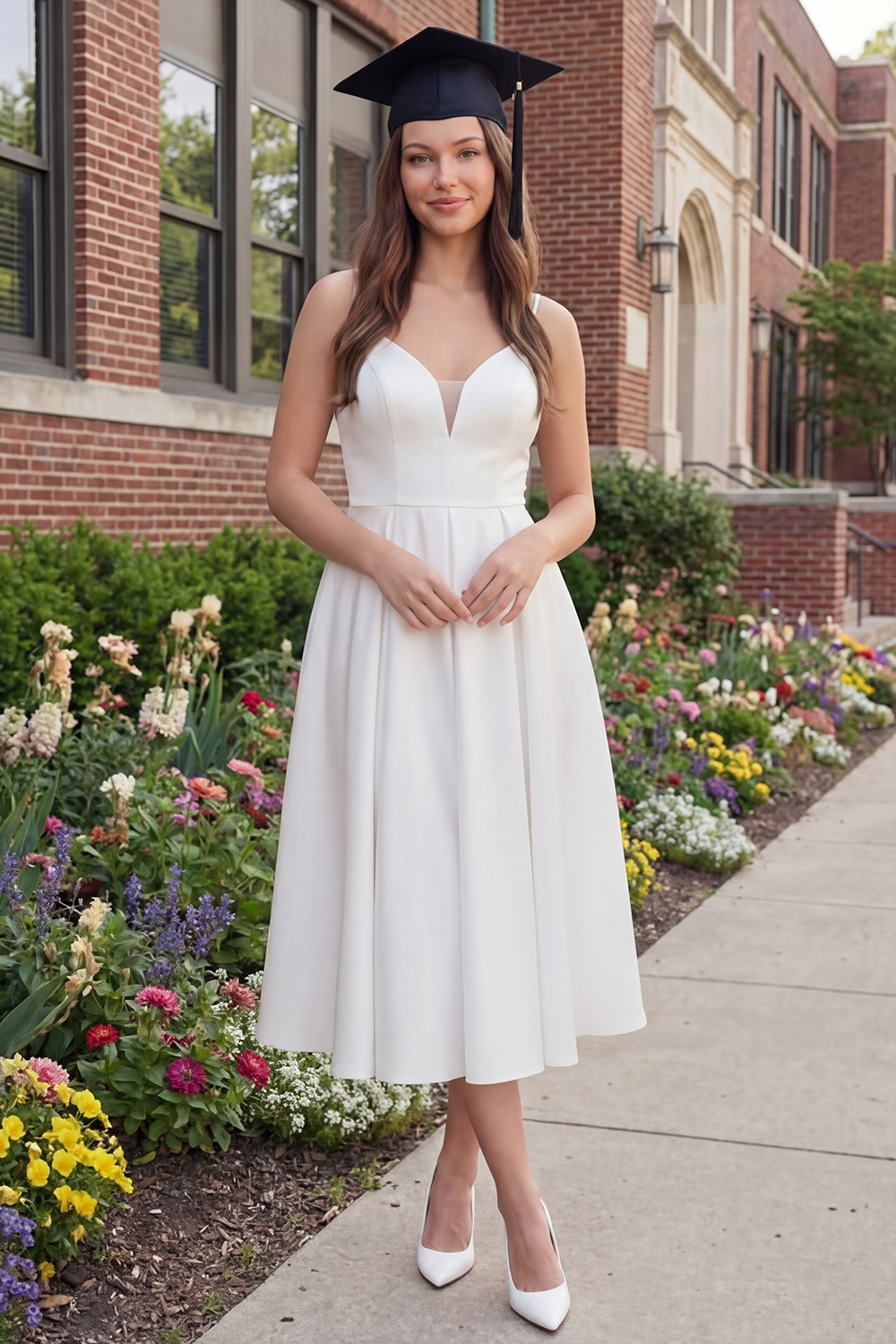 Simple White V-Neck A Line Long Graduation Dress