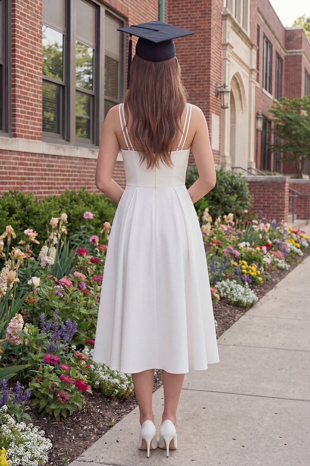 Simple White V-Neck A Line Long Graduation Dress