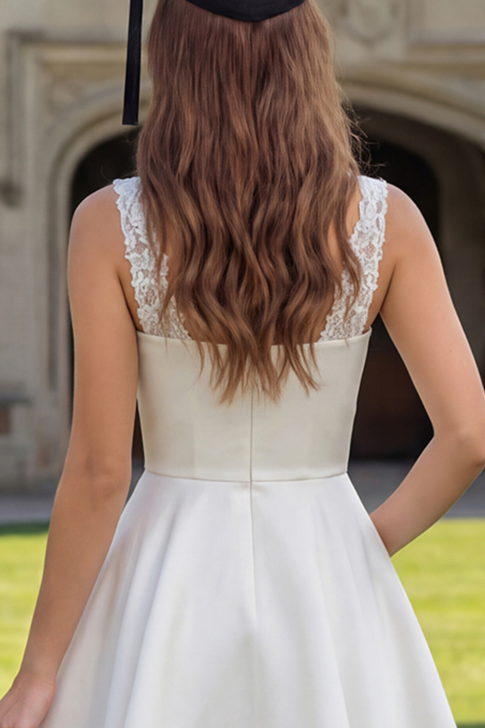 White Short Satin V-Neck A Line Graduation Dress with Lace