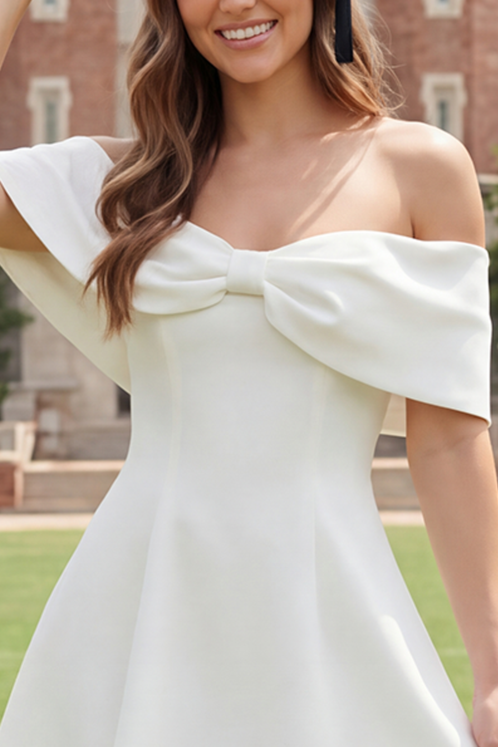 Short White A Line Off the Shoulder Graduation Dress with Bow