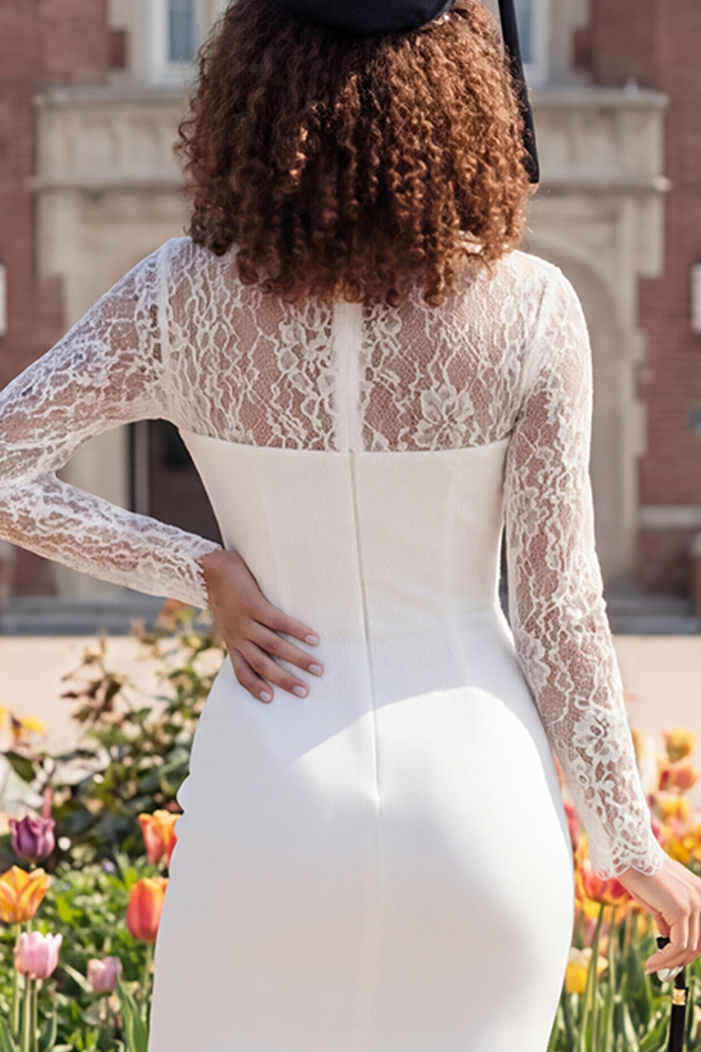 White Midi Bodycon Long Sleeves Floral Graduation Dress with Lace