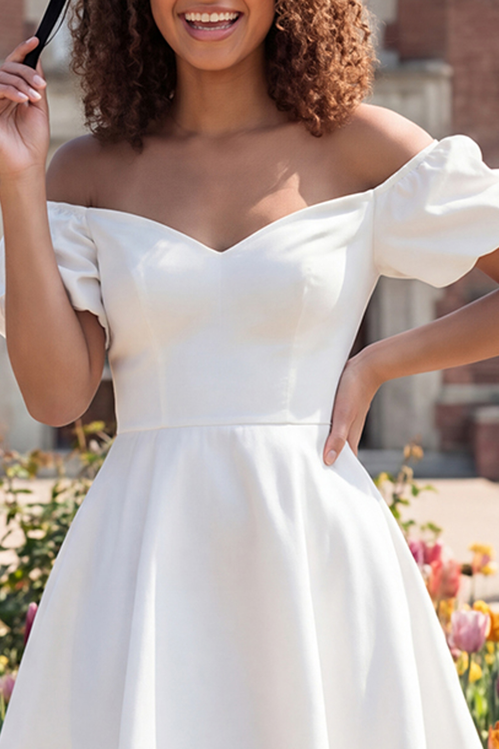 White Puff Sleeves Off the Shoulder Short A Line Graduation Dress