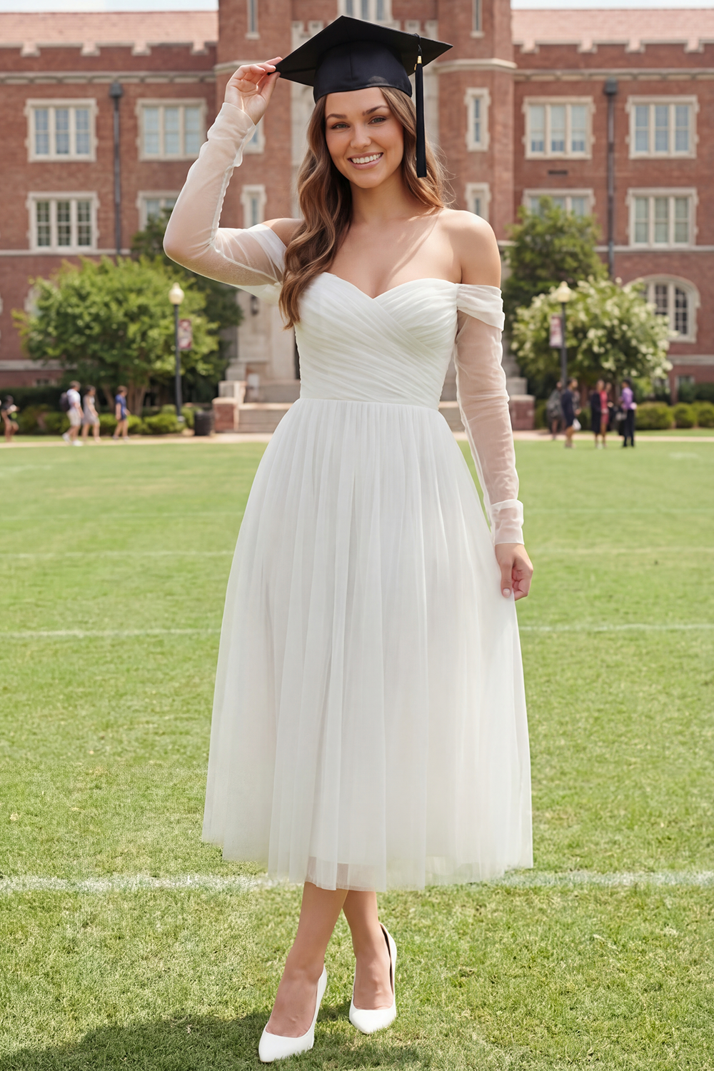 White Ruched Long Sleeves A Line Off the Shoulder Graduation Dress