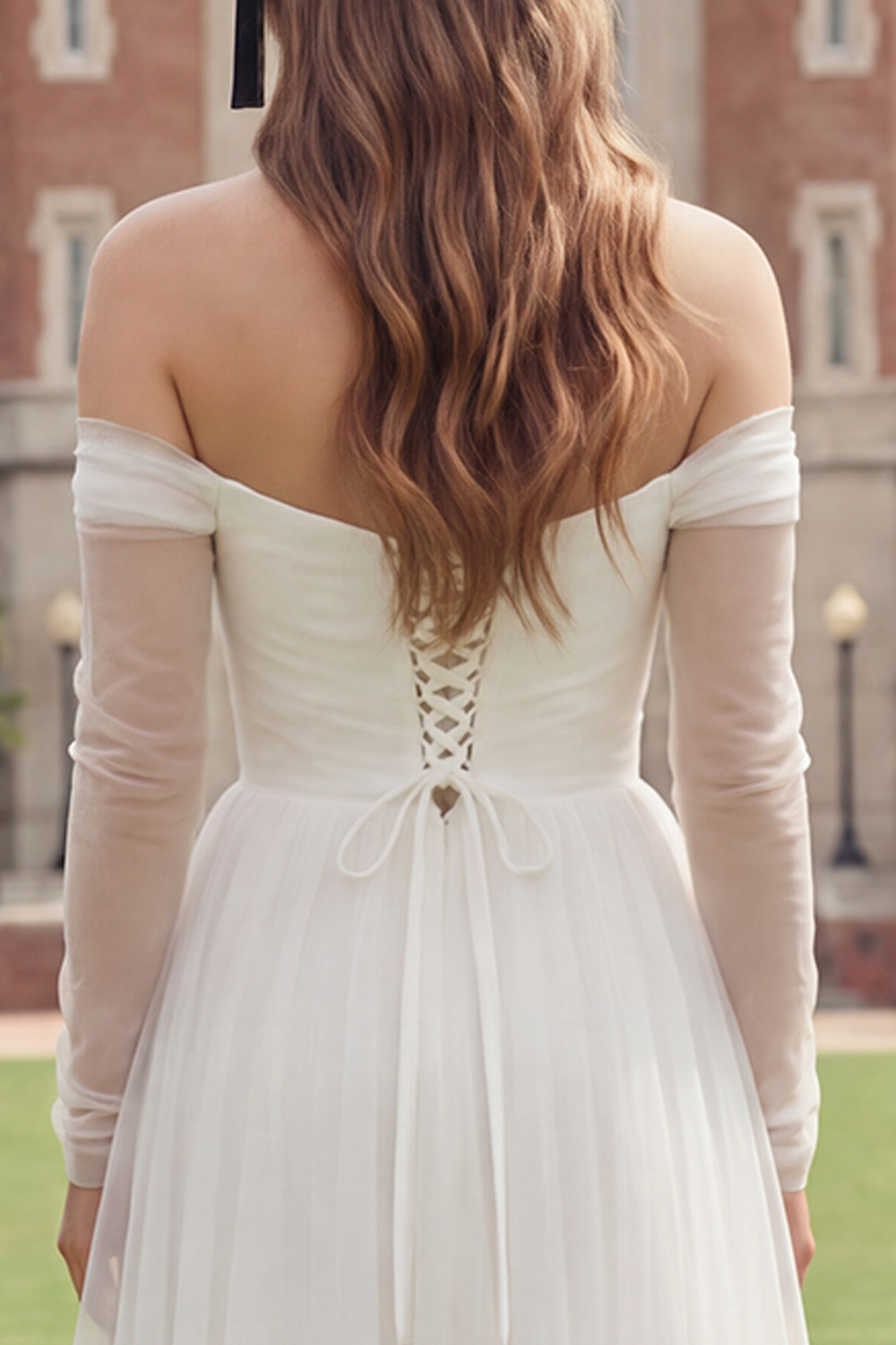 White Ruched Long Sleeves A Line Off the Shoulder Graduation Dress