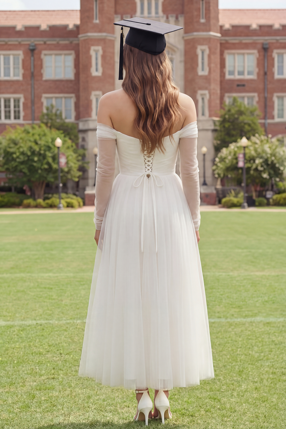 White Ruched Long Sleeves A Line Off the Shoulder Graduation Dress