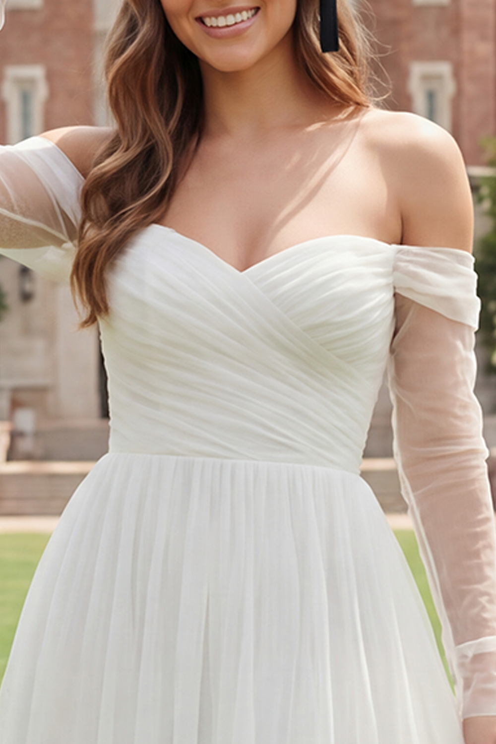 White Ruched Long Sleeves A Line Off the Shoulder Graduation Dress