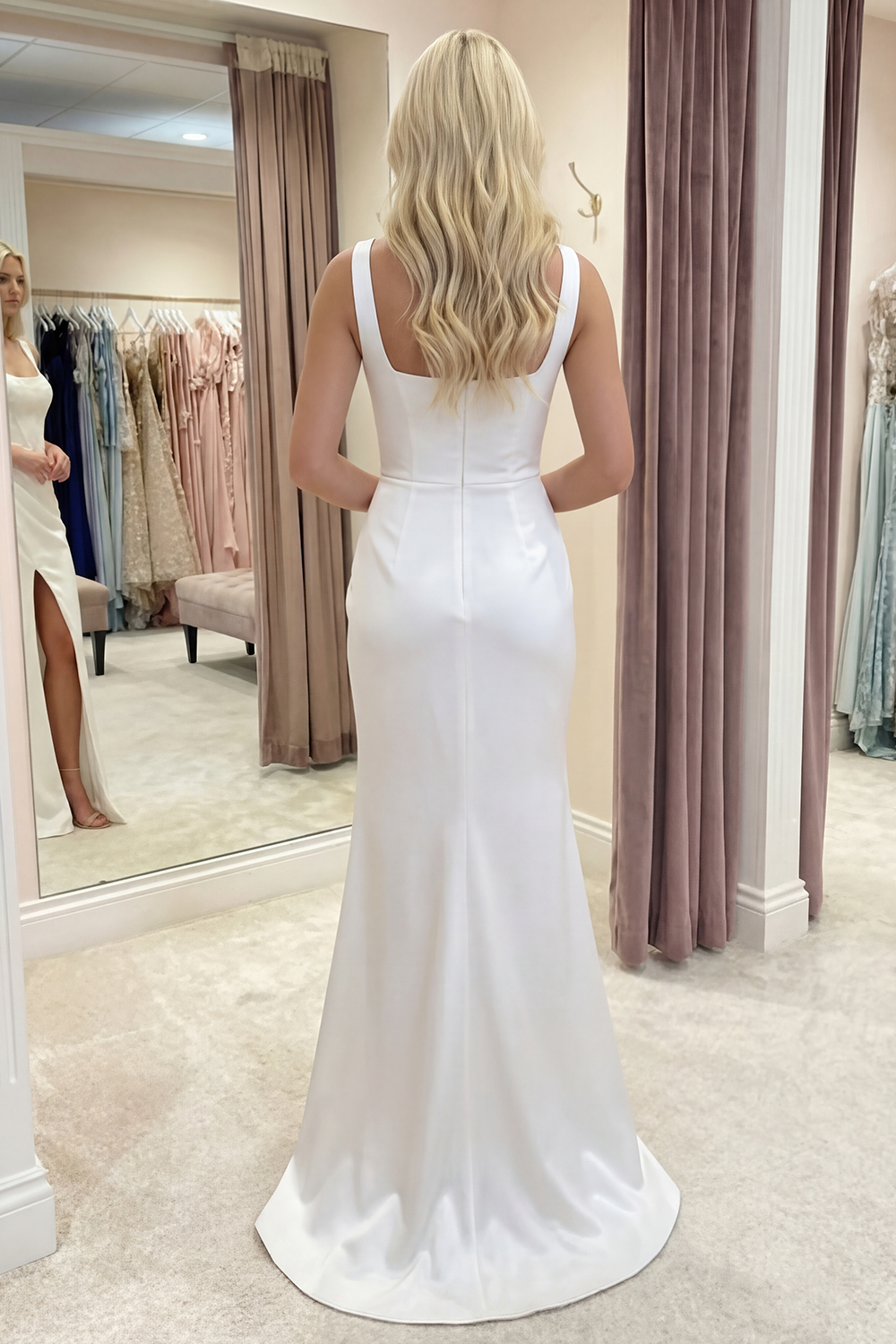 White Square Neck Ruched Long Sheath Graduation Dress with Slit