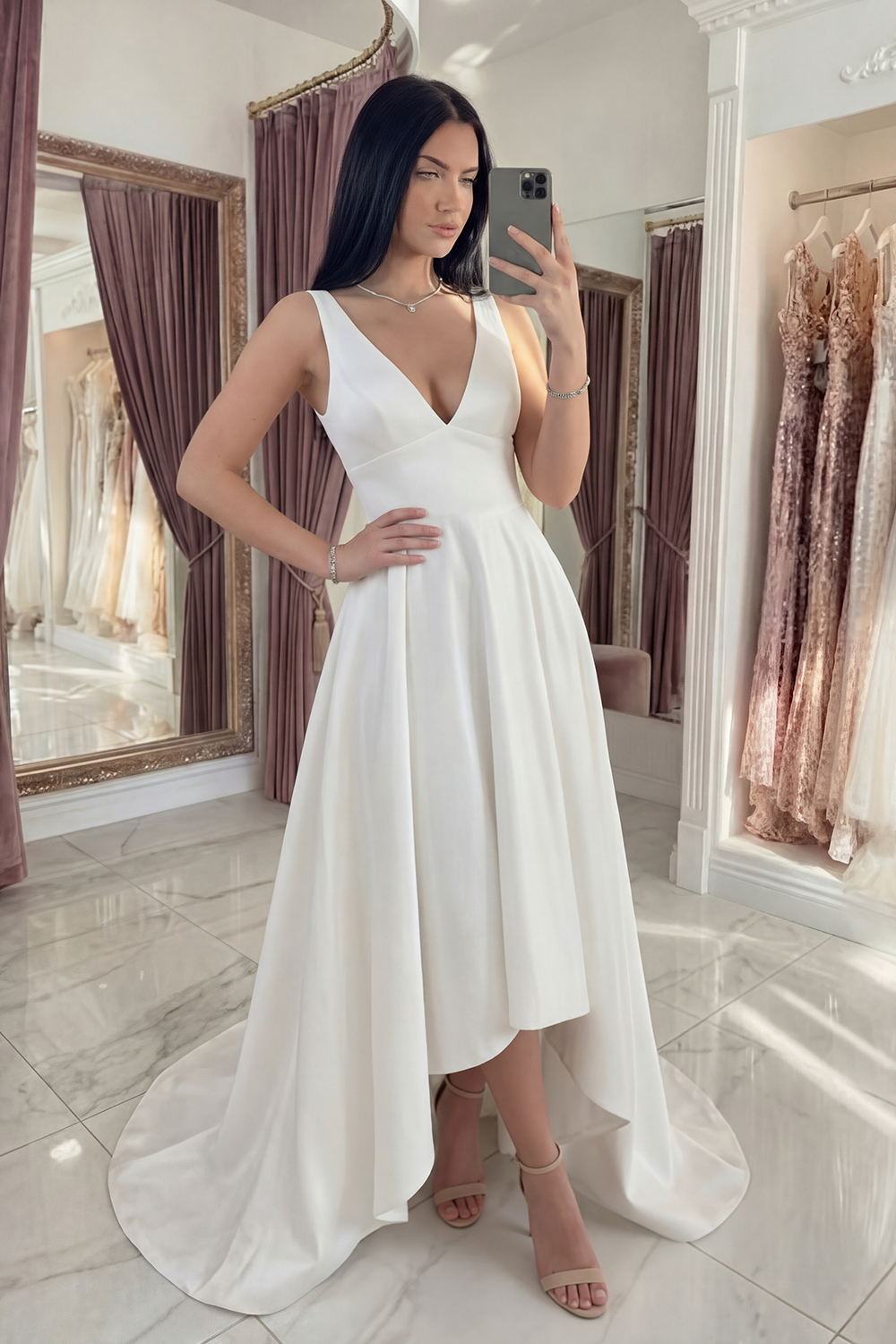 White A Line V-Neck High Low Gradution Dress