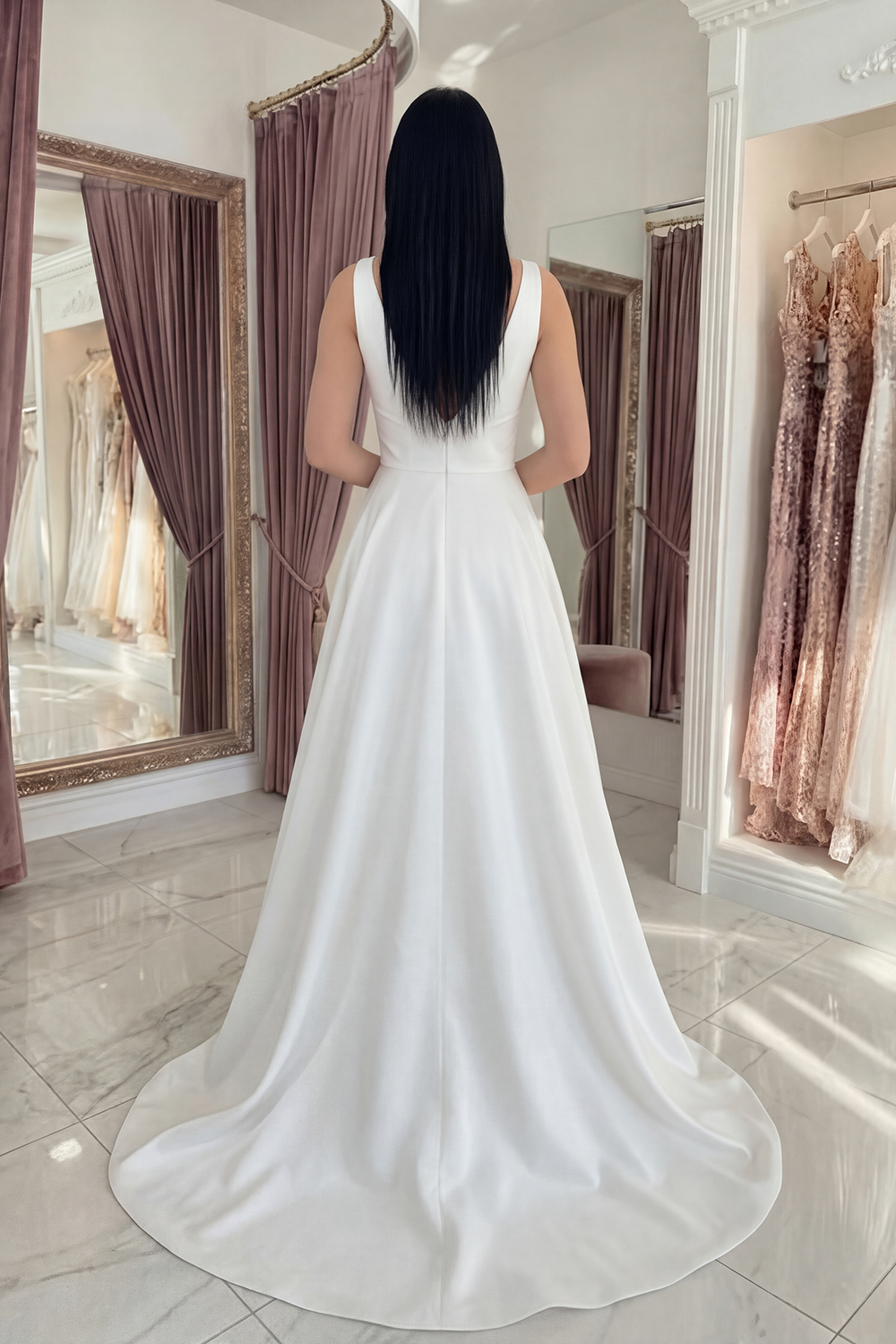 White A Line V-Neck High Low Gradution Dress