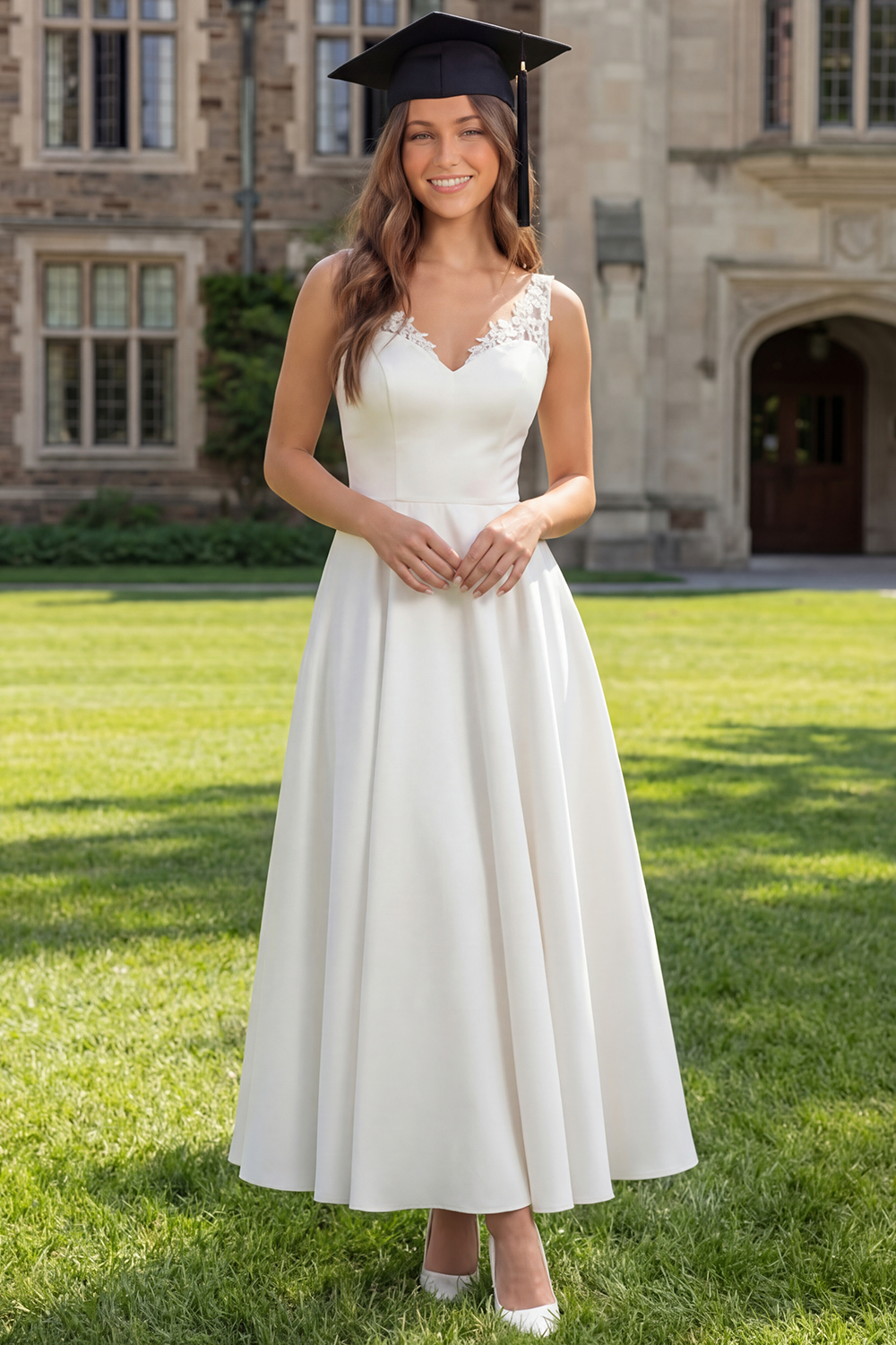 White A Line V-Neck Satin Long Graduation Dress with Lace