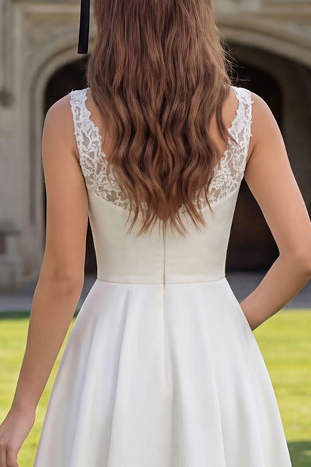 White A Line V-Neck Satin Long Graduation Dress with Lace