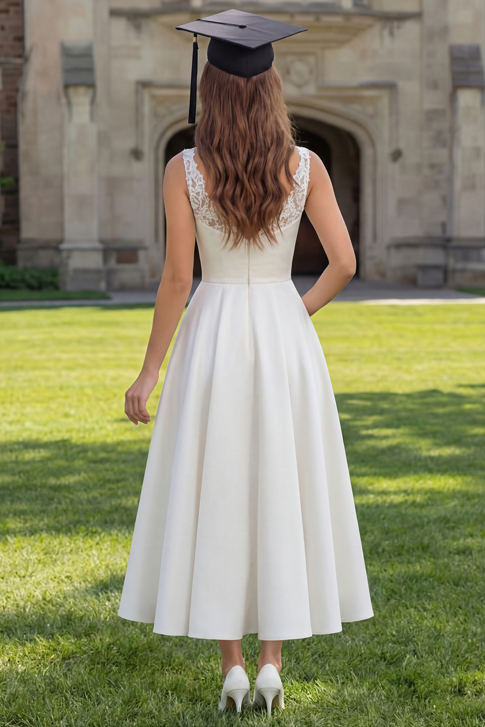 White A Line V-Neck Satin Long Graduation Dress with Lace