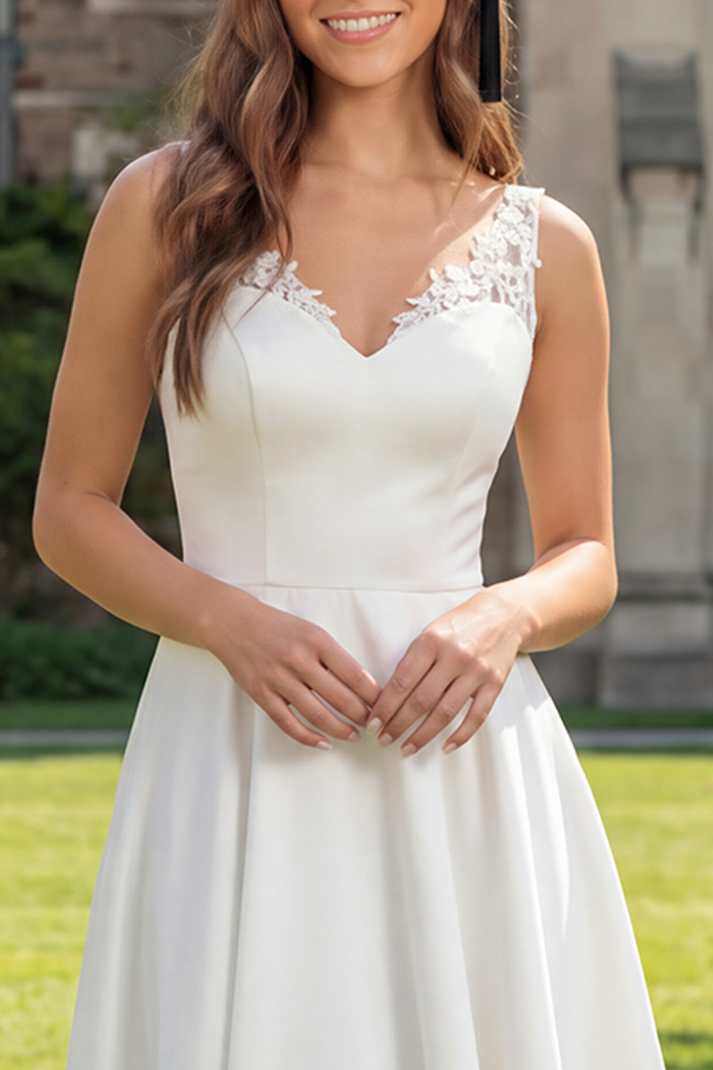 White A Line V-Neck Satin Long Graduation Dress with Lace