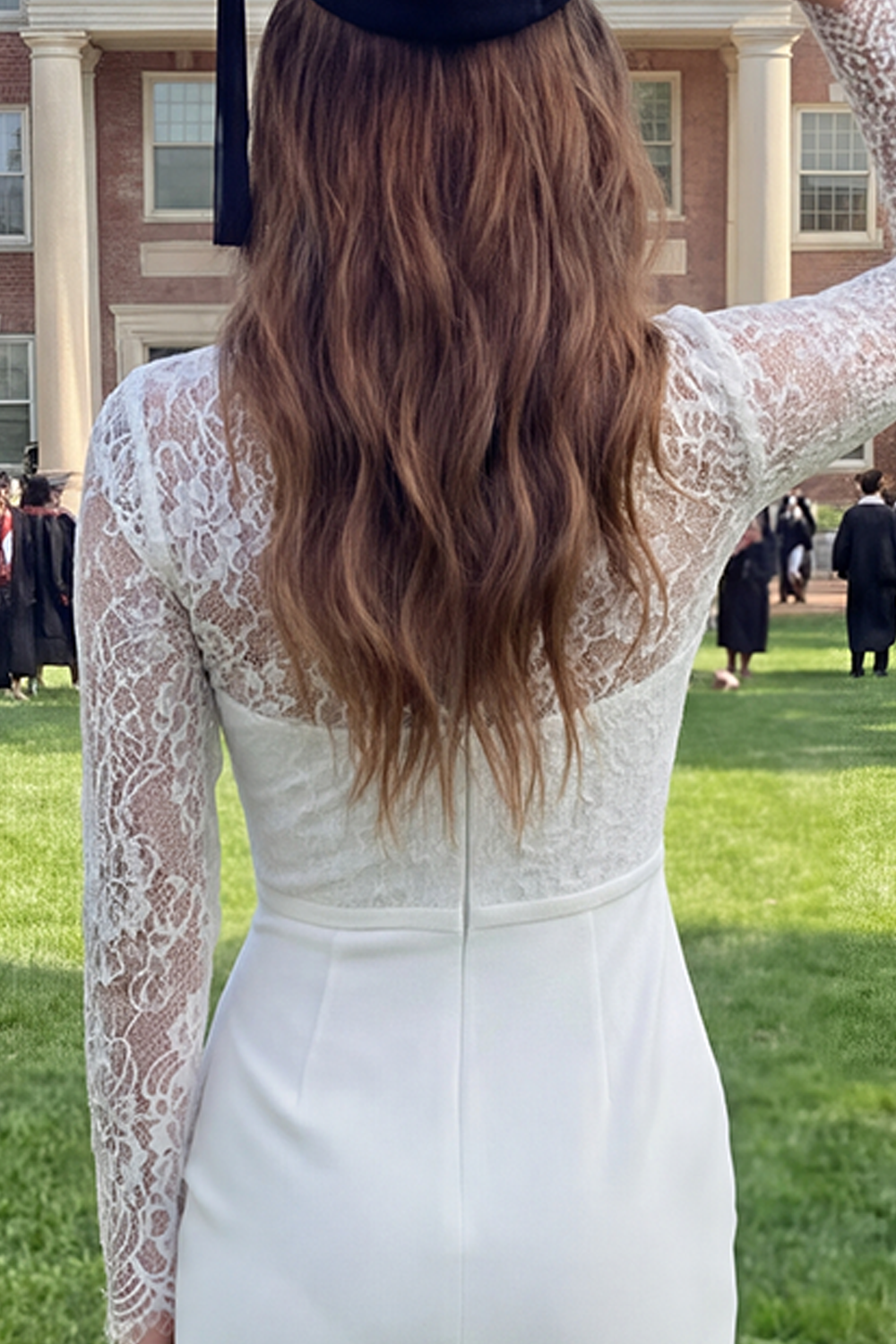 Midi Bodycon Lace Long Sleeves White Floral Graduation Dress