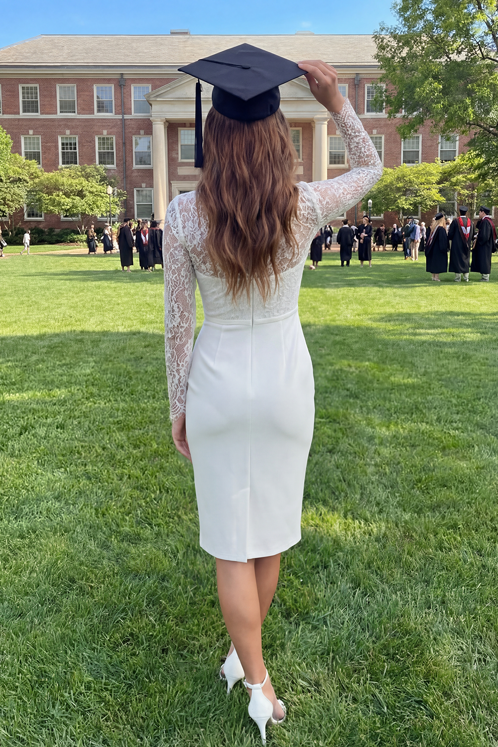 Midi Bodycon Lace Long Sleeves White Floral Graduation Dress